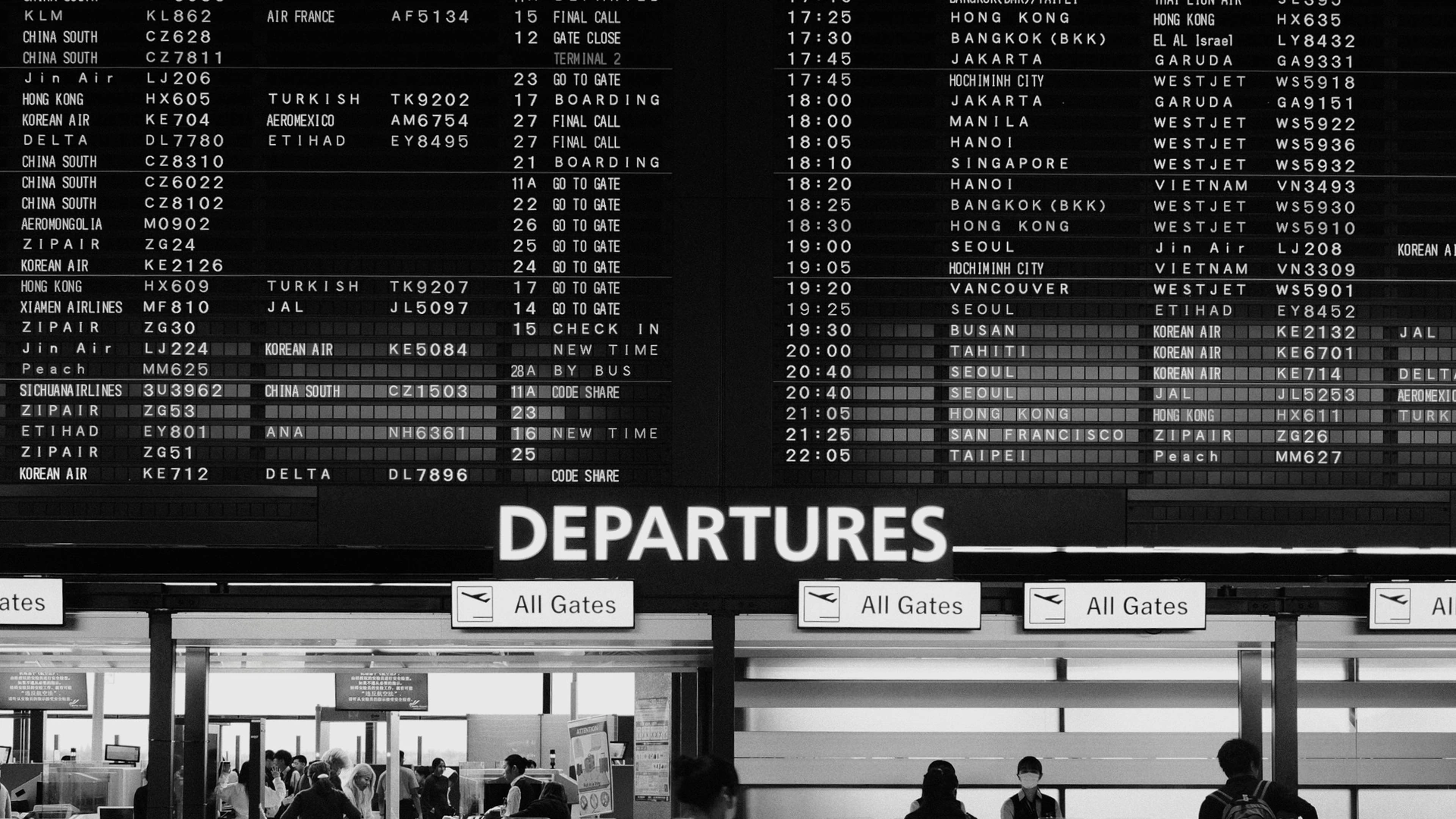 Illustrative photograph of travellers at an international airport.